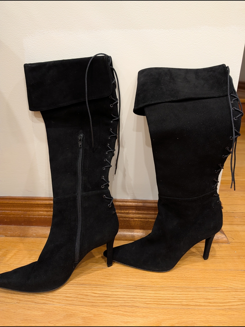 Stuart Weitzman Black Suede Over-the-Knee Lace-Up Pointed-Toe Boots